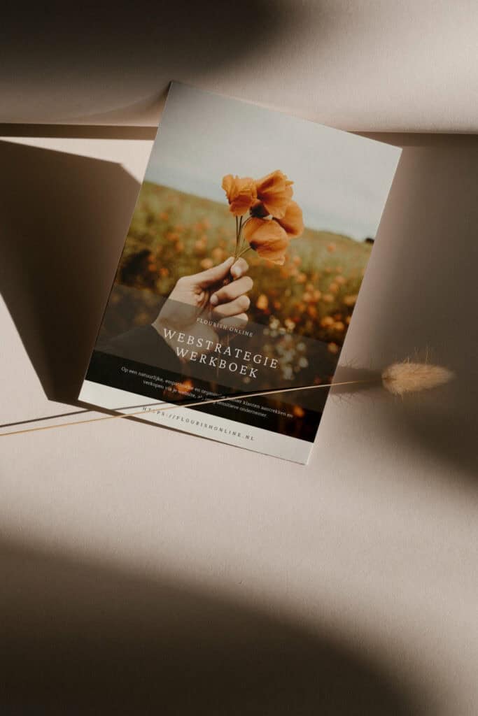 Boek over webstrategie met foto van hand die bloemen vasthoudt in veld.
